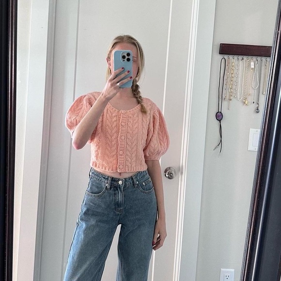 For Love and Lemons Billie Pink Cropped Short Sleeve Cardigan Womens Small - Picture 6 of 9